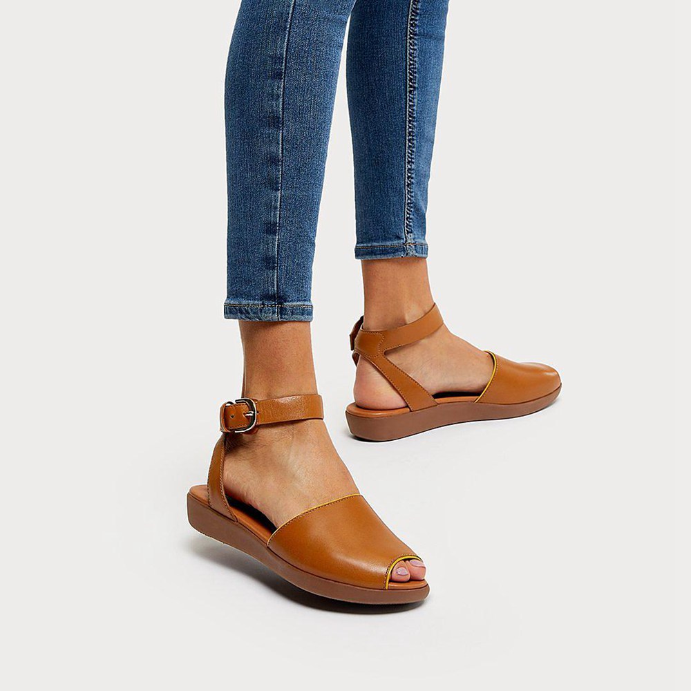 Fitflop Womens Sandals - Cova Pop-binding Leather Peep-toe - Brown - 512-BSCDGK